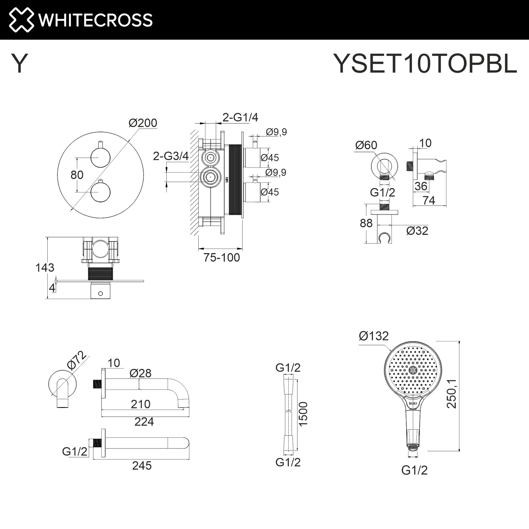 Термостатическая система для ванны скрытого монтажа WHITECROSS YSET10TOPBL (черный мат) White Cross — изображение товара 3