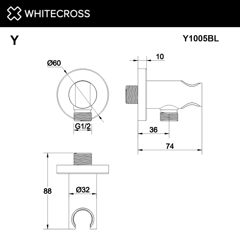 Угловой соединительный элемент с держателем лейки WHITECROSS Y1005BL (черный мат) White Cross — изображение товара 3