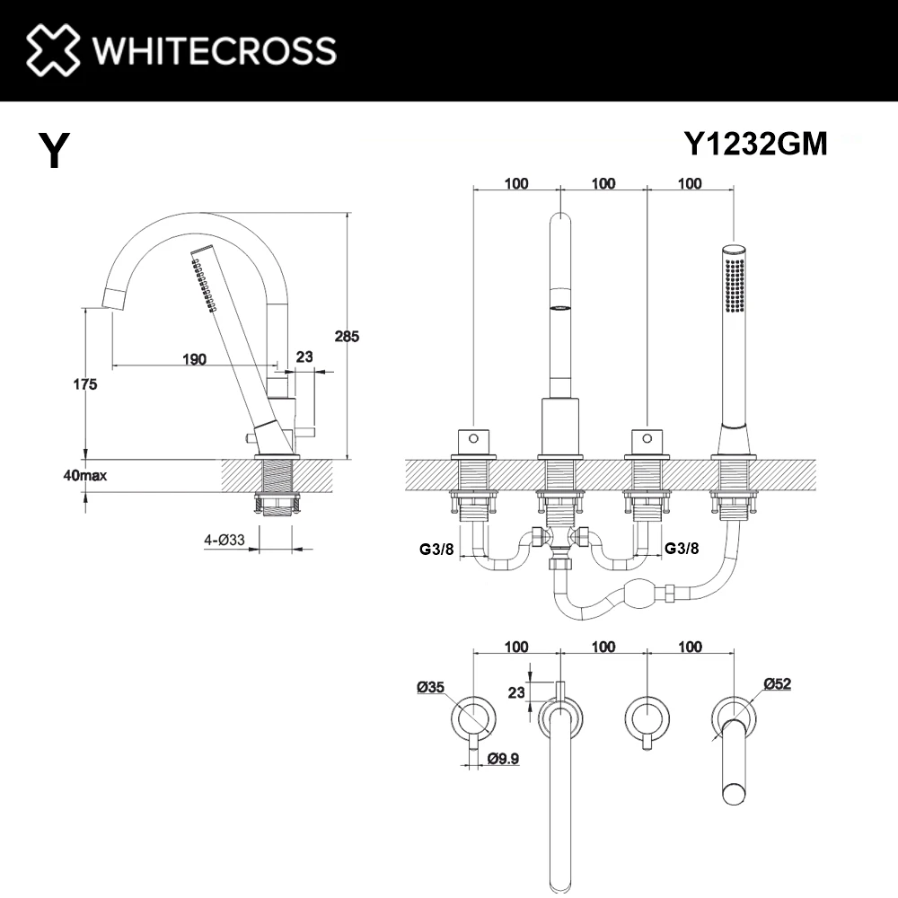 Смеситель для ванны на 4 отверстия WHITECROSS Y1232GM (оружейная сталь) White Cross — изображение товара 3