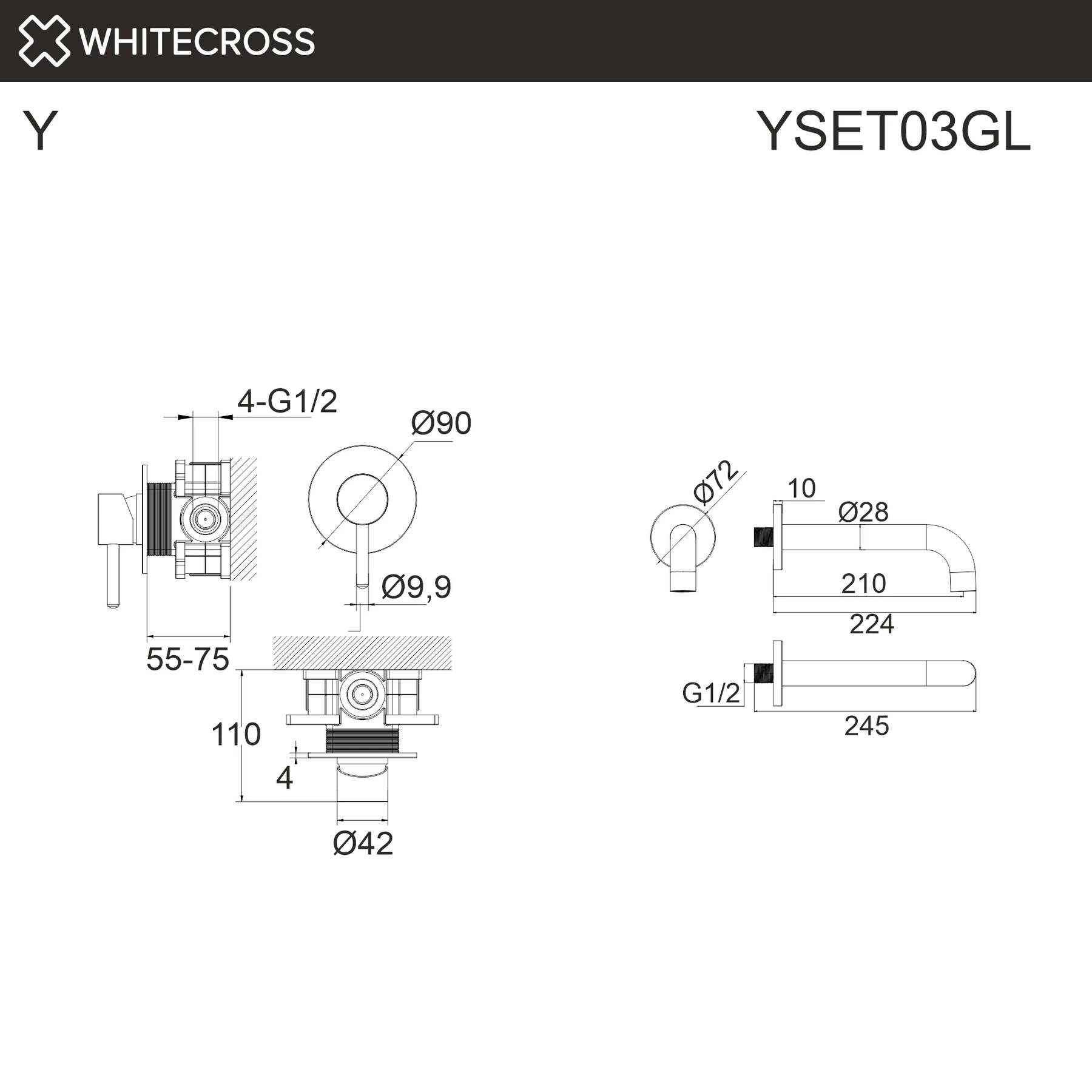 Система для ванны скрытого монтажа WHITECROSS Y YSET03GL (золото) White Cross — изображение товара 2