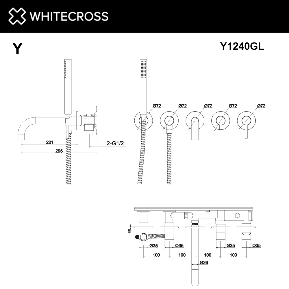 Смеситель для ванны скрытого монтажа WHITECROSS Y1240GL (золото) White Cross — изображение товара 3