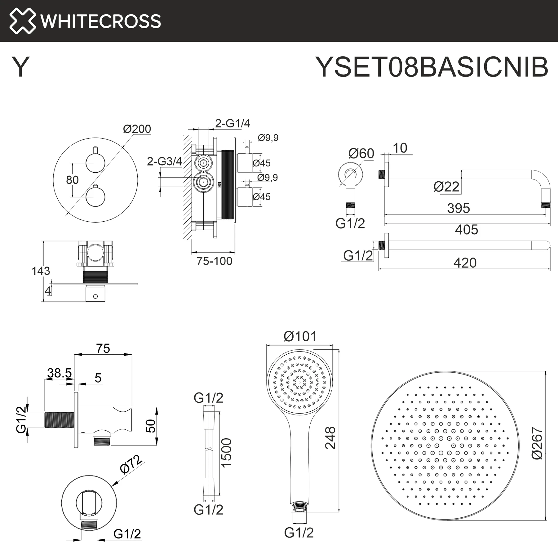 Термостатическая душевая система скрытого монтажа WHITECROSS YSET08BASICNIB (брашированный никель) White Cross — изображение товара 3