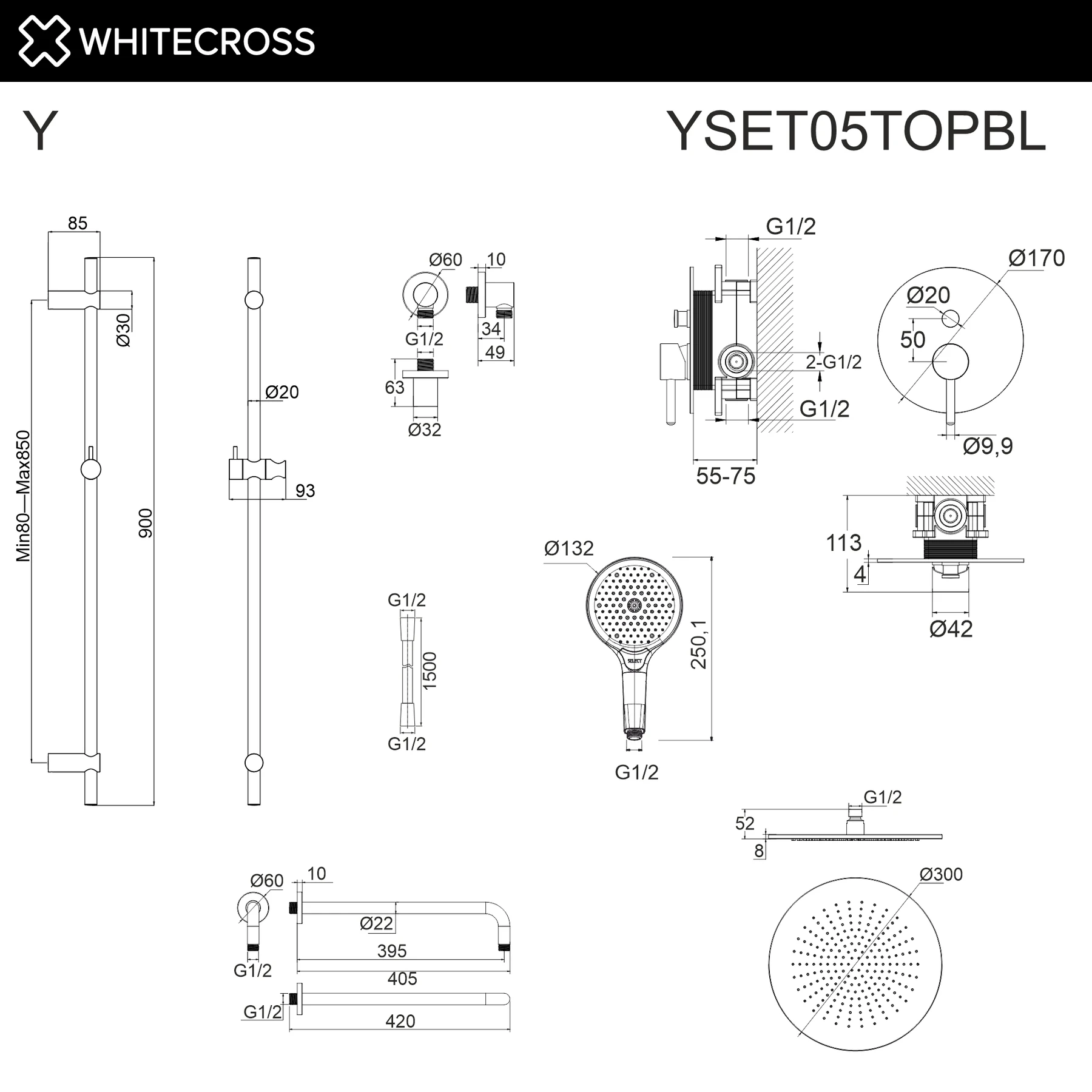 Система для душа скрытого монтажа WHITECROSS YSET05TOPBL (черный мат) White Cross — изображение товара 3