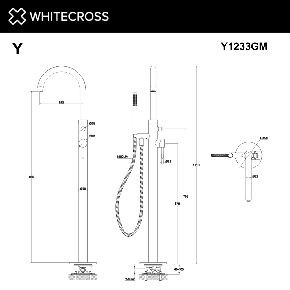 Смеситель для ванны отдельностоящий WHITECROSS Y1233GM (оружейная сталь) White Cross — изображение товара 3