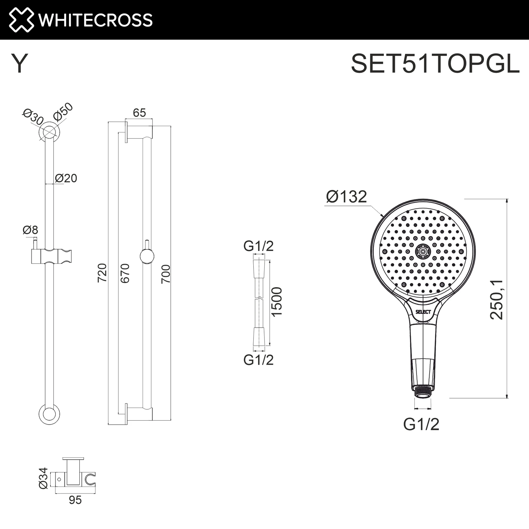 Душевой гарнитур на штанге WHITECROSS SET51TOPGL (золото) White Cross — изображение товара 2