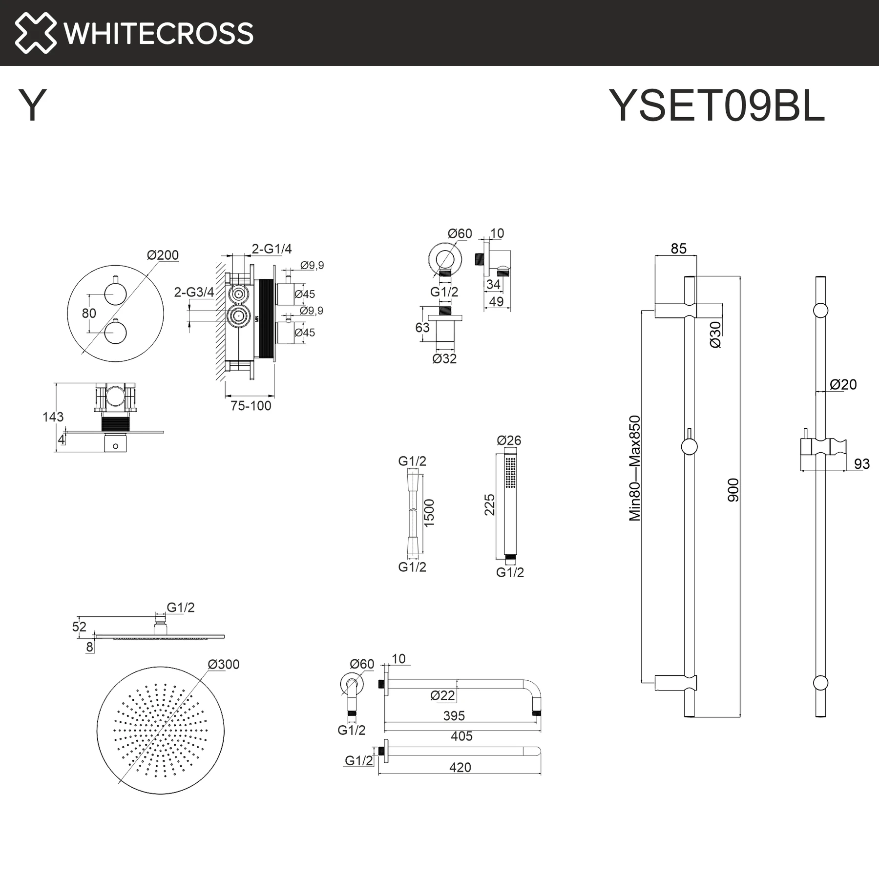 Термостатическая душевая система скрытого монтажа WHITECROSS YSET09BL (черный мат) White Cross — изображение товара 3