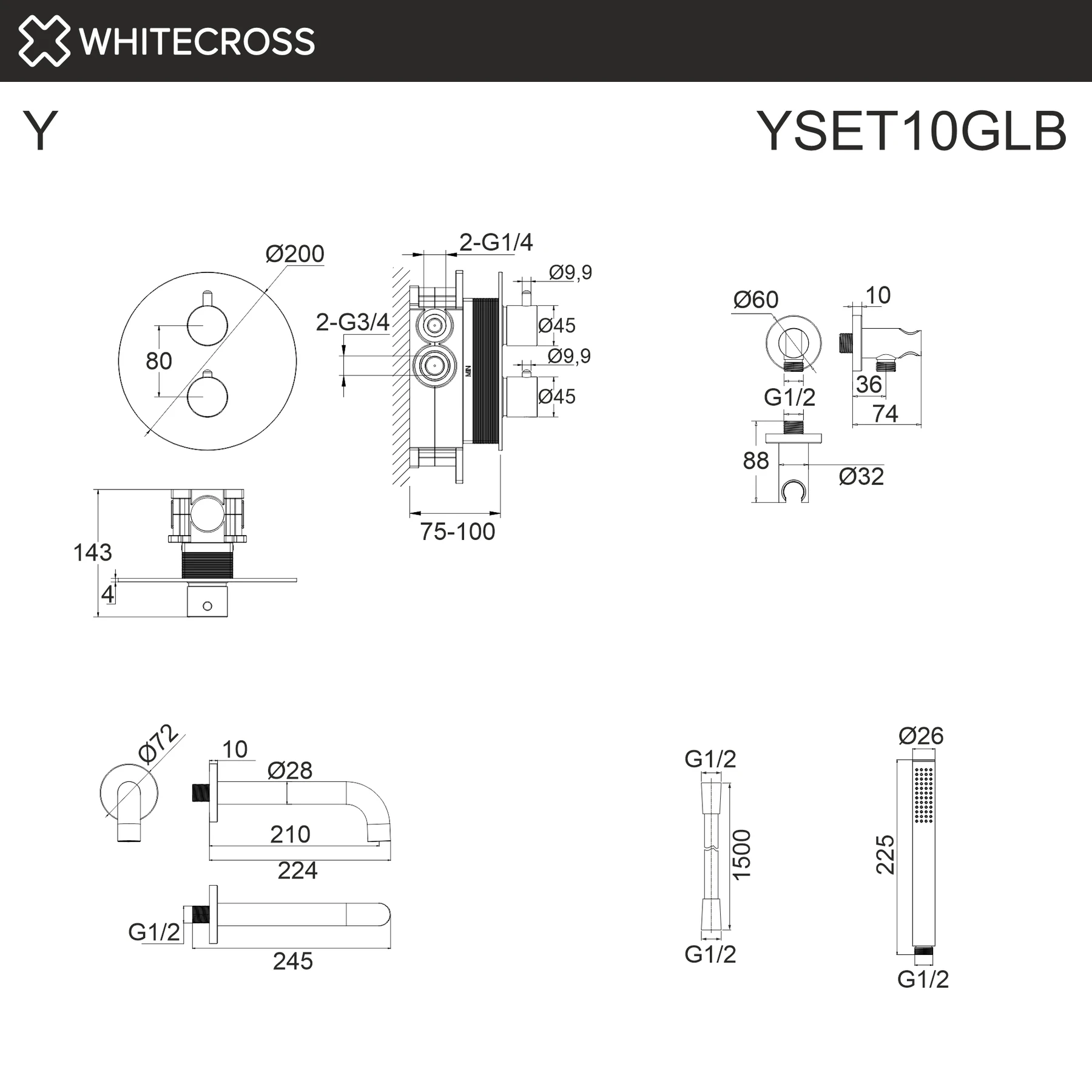 Термостатическая система для ванны скрытого монтажа WHITECROSS YSET10GLB (брашированное золото) White Cross — изображение товара 3