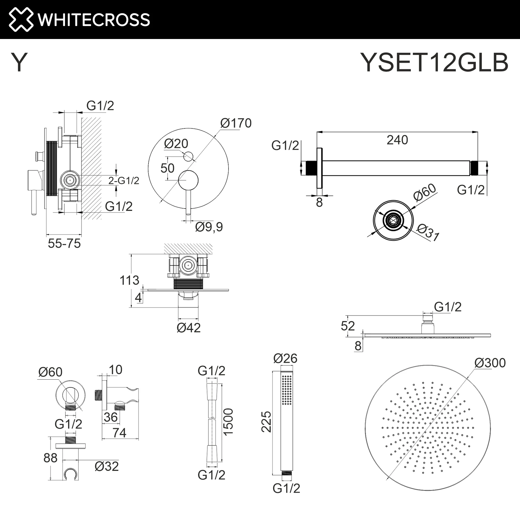 Система для душа скрытого монтажа WHITECROSS YSET12GLB (брашированное золото) White Cross — изображение товара 3