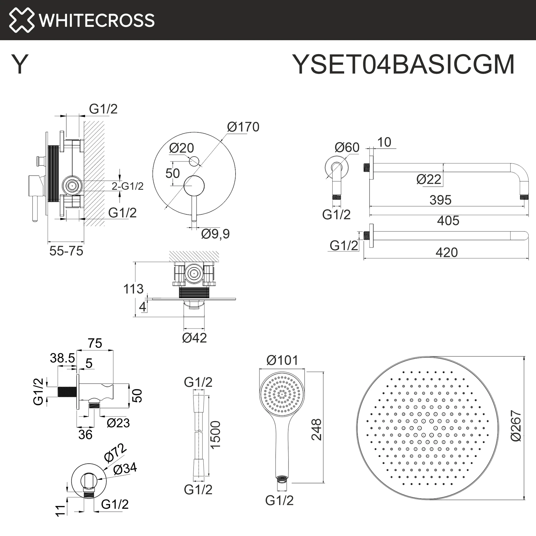 Система для душа скрытого монтажа WHITECROSS YSET04BASICGM (оружейная сталь) White Cross — изображение товара 3