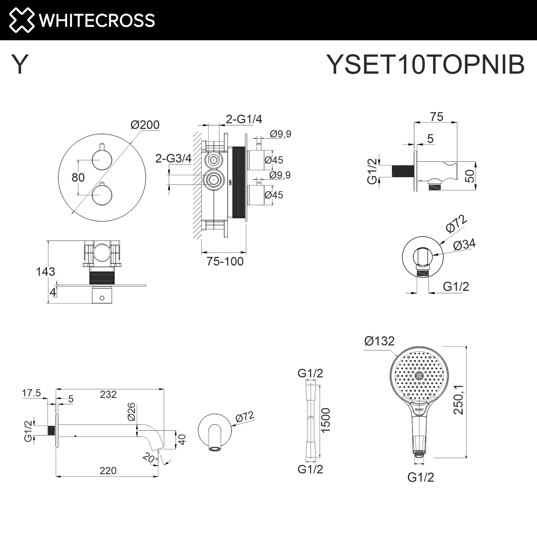 Термостатическая система для ванны скрытого монтажа WHITECROSS YSET10TOPNIB (брашированный никель) White Cross — изображение товара 3