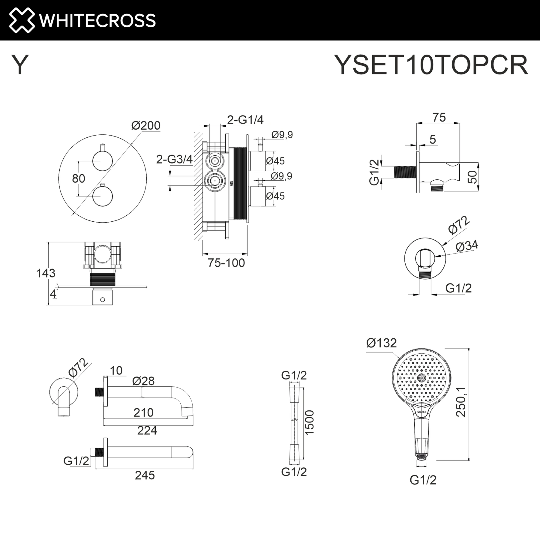 Термостатическая система для ванны скрытого монтажа WHITECROSS YSET10TOPCR (хром) White Cross — изображение товара 3