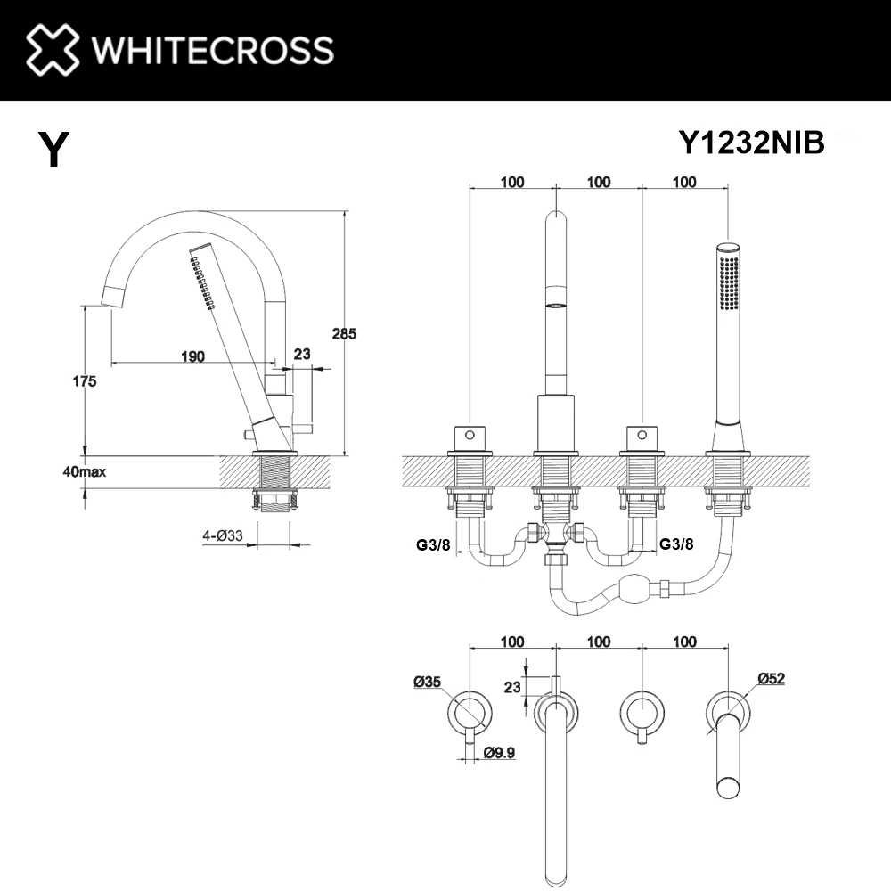 Смеситель для ванны на 4 отверстия WHITECROSS Y1232NIB (брашированный никель) White Cross — изображение товара 3