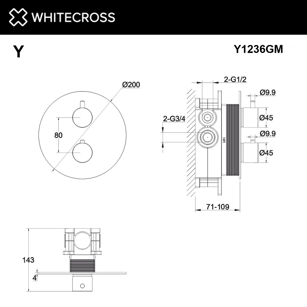 Смеситель термостат скрытого монтажа на 2 потребителя WHITECROSS Y1236GM (оружейная сталь) White Cross — изображение товара 2