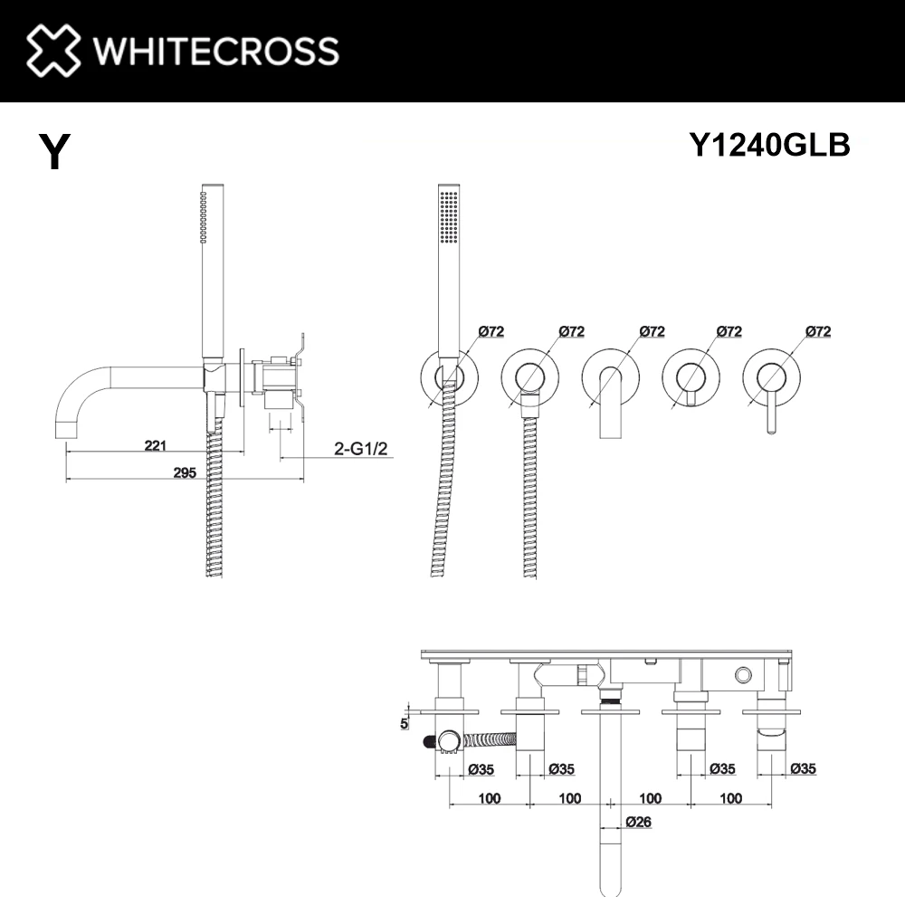 Смеситель для ванны скрытого монтажа WHITECROSS Y1240GLB (брашированное золото) White Cross — изображение товара 3