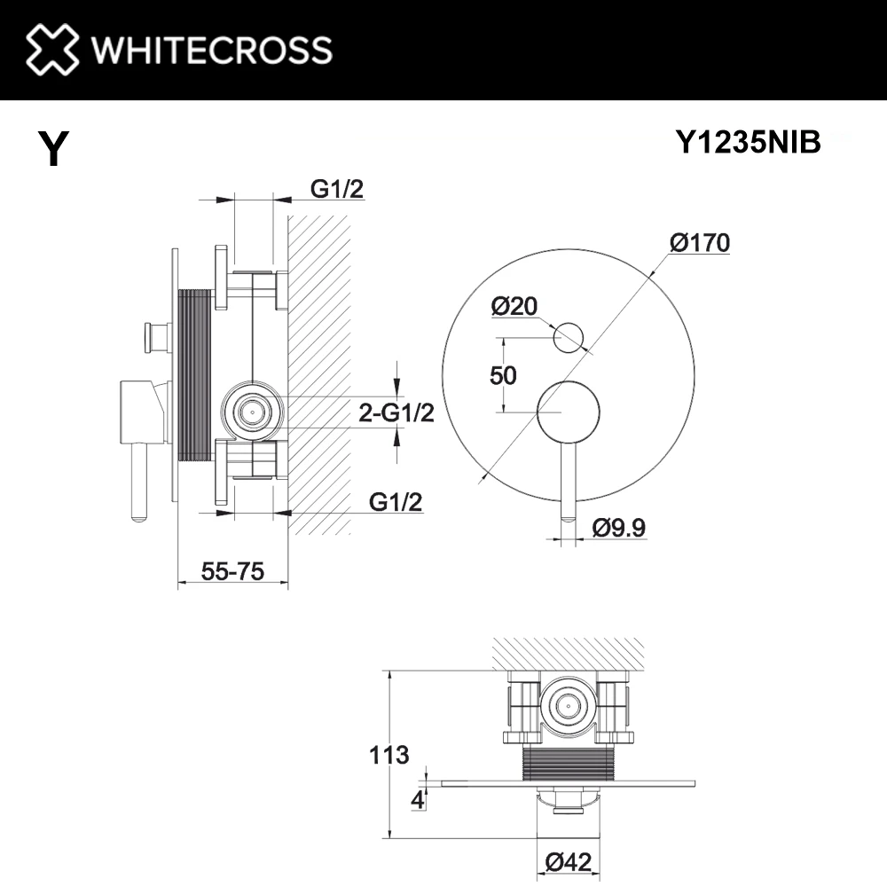 Смеситель скрытого монтажа на 2 потребителя WHITECROSS Y1235NIB (брашированный никель) White Cross — изображение товара 3
