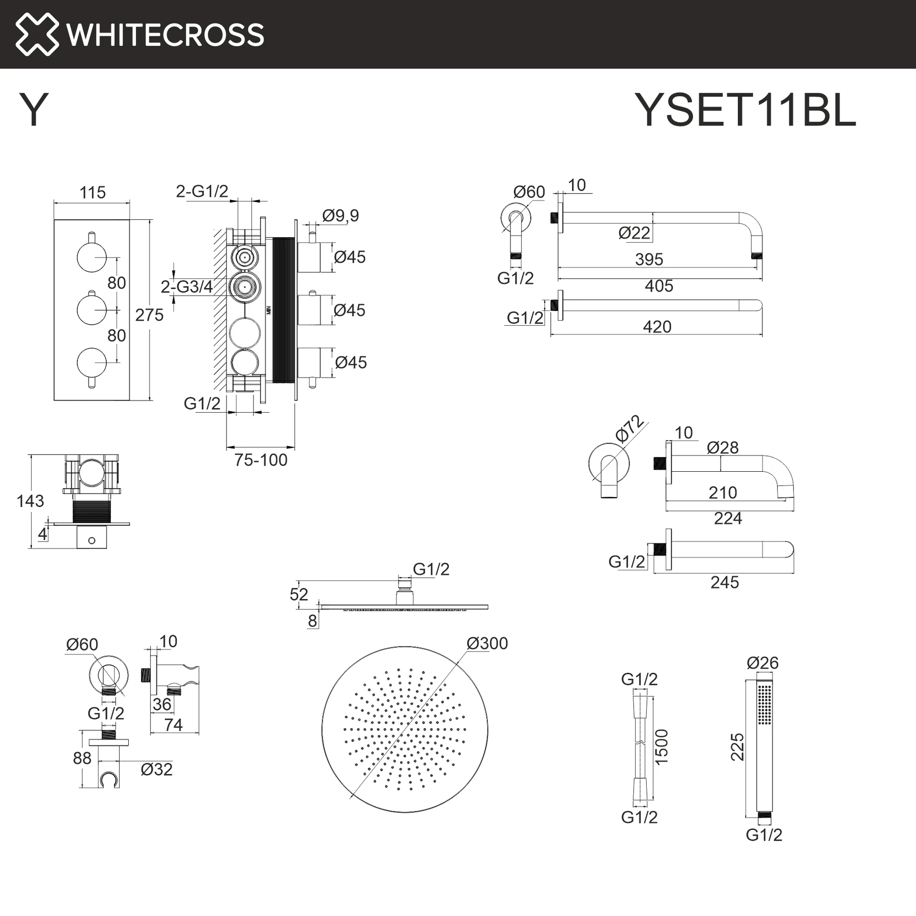 Термостатическая система для ванны скрытого монтажа WHITECROSS YSET11BL (черный мат) White Cross — изображение товара 3