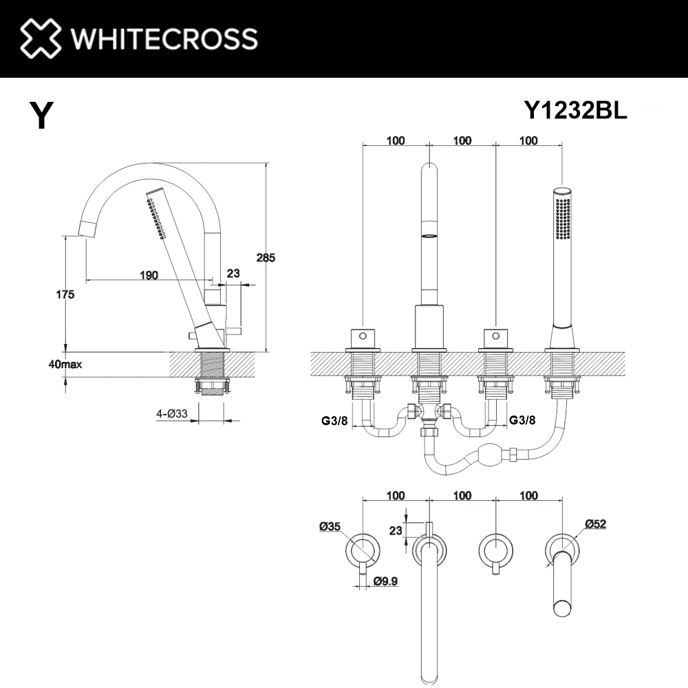 Смеситель для ванны на 4 отверстия WHITECROSS Y1232BL (черный мат) White Cross — изображение товара 3