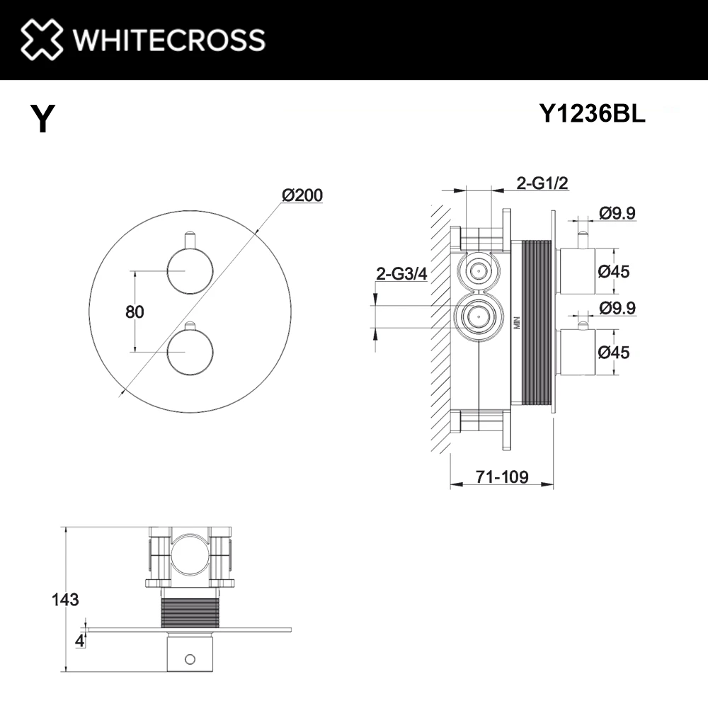 Смеситель термостат скрытого монтажа на 2 потребителя WHITECROSS Y1236BL (черный мат) White Cross, арт. Y1236BL. — изображение товара 3
