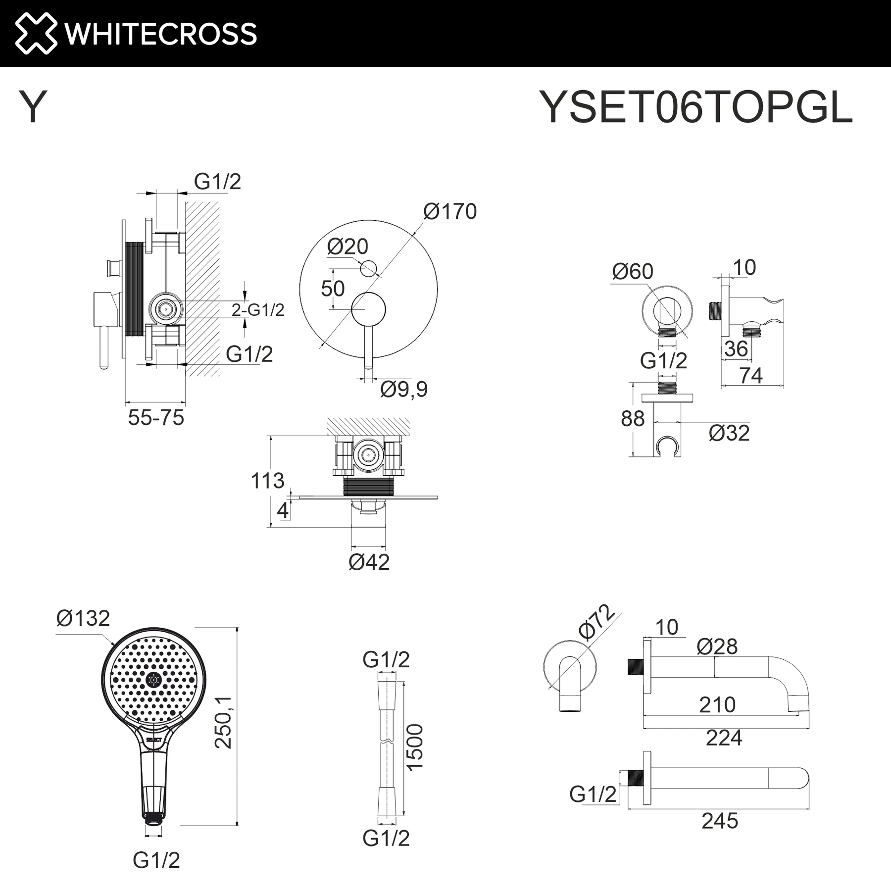 Система для ванны скрытого монтажа WHITECROSS YSET06TOPGL (золото) White Cross — изображение товара 3