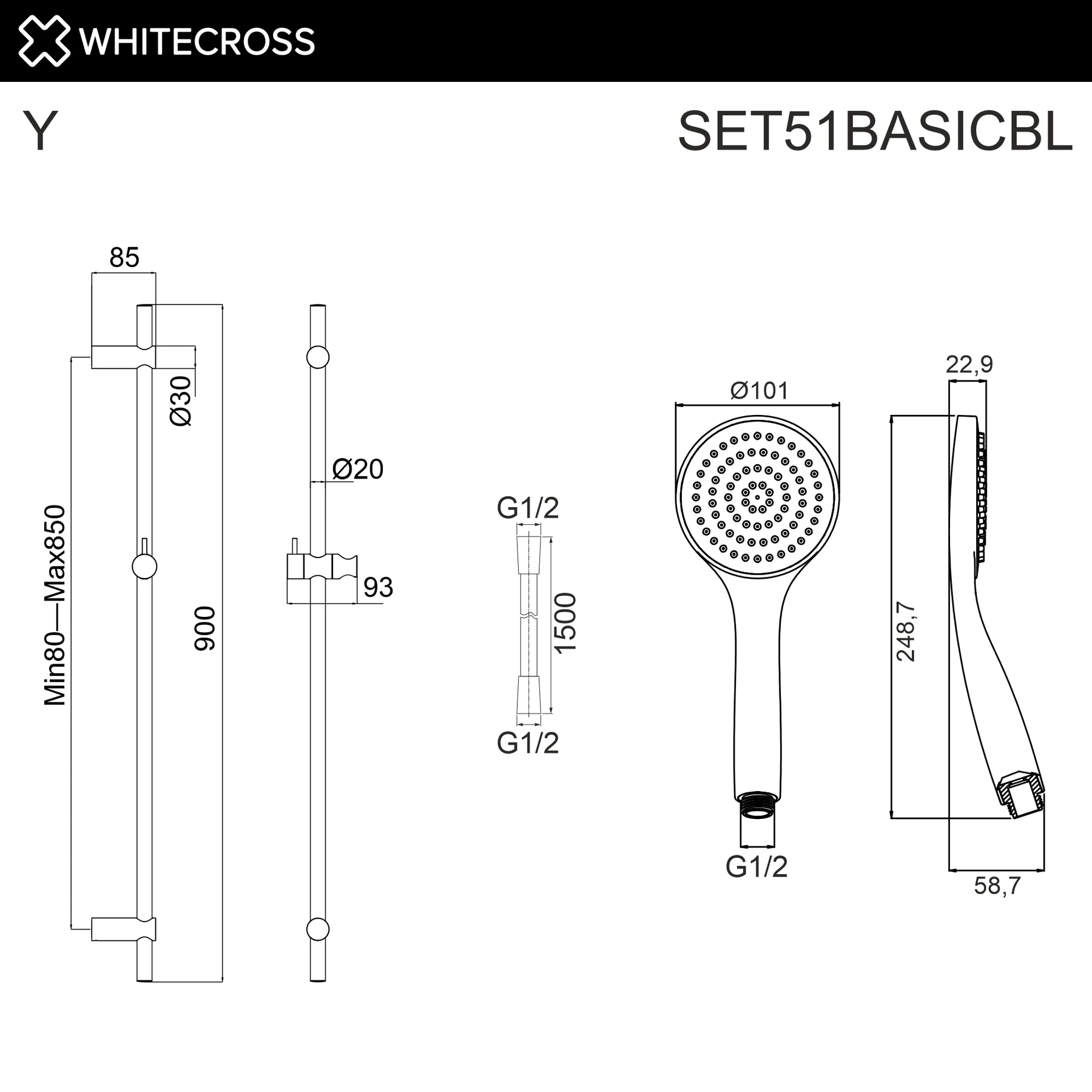 Душевой гарнитур на штанге WHITECROSS SET51BASICBL (черный мат) White Cross — изображение товара 2