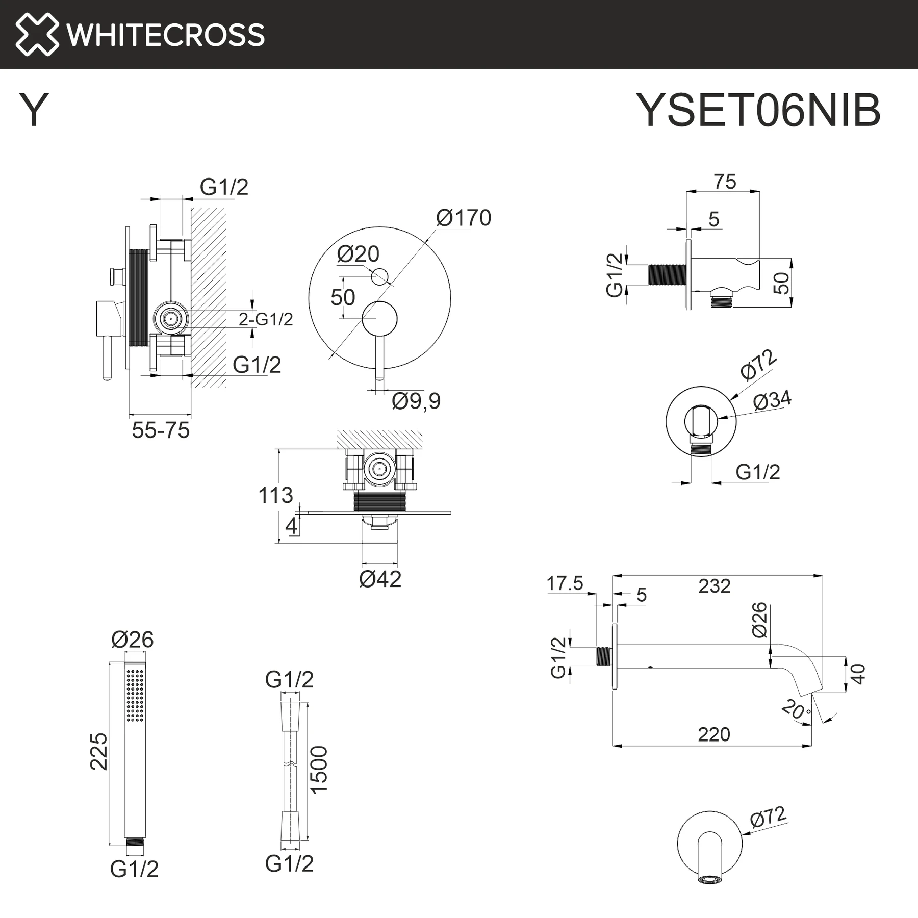 Система для ванны скрытого монтажа WHITECROSS YSET06NIB (брашированный никель) White Cross — изображение товара 3