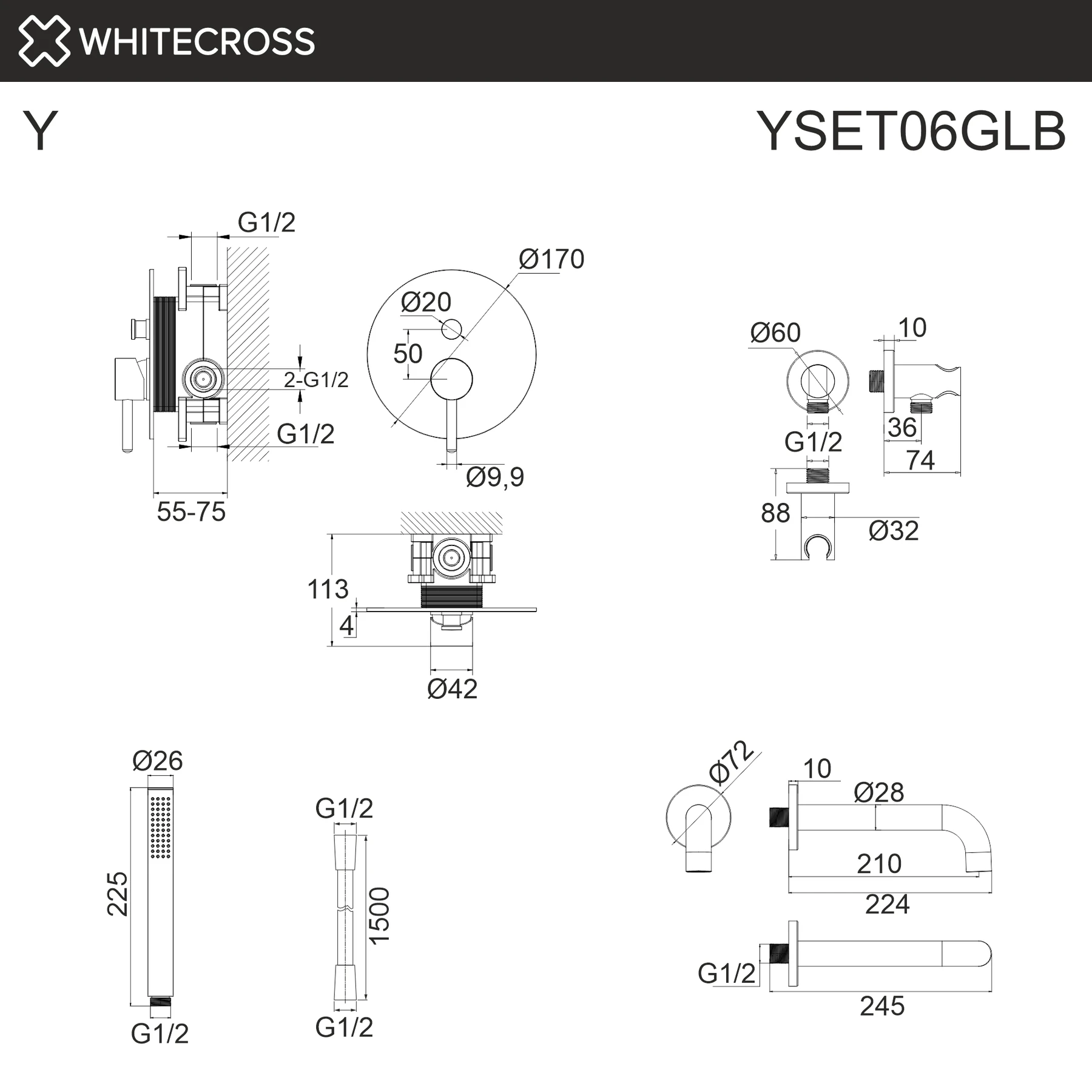 Система для ванны скрытого монтажа WHITECROSS YSET06GLB (брашированное золото) White Cross — изображение товара 3