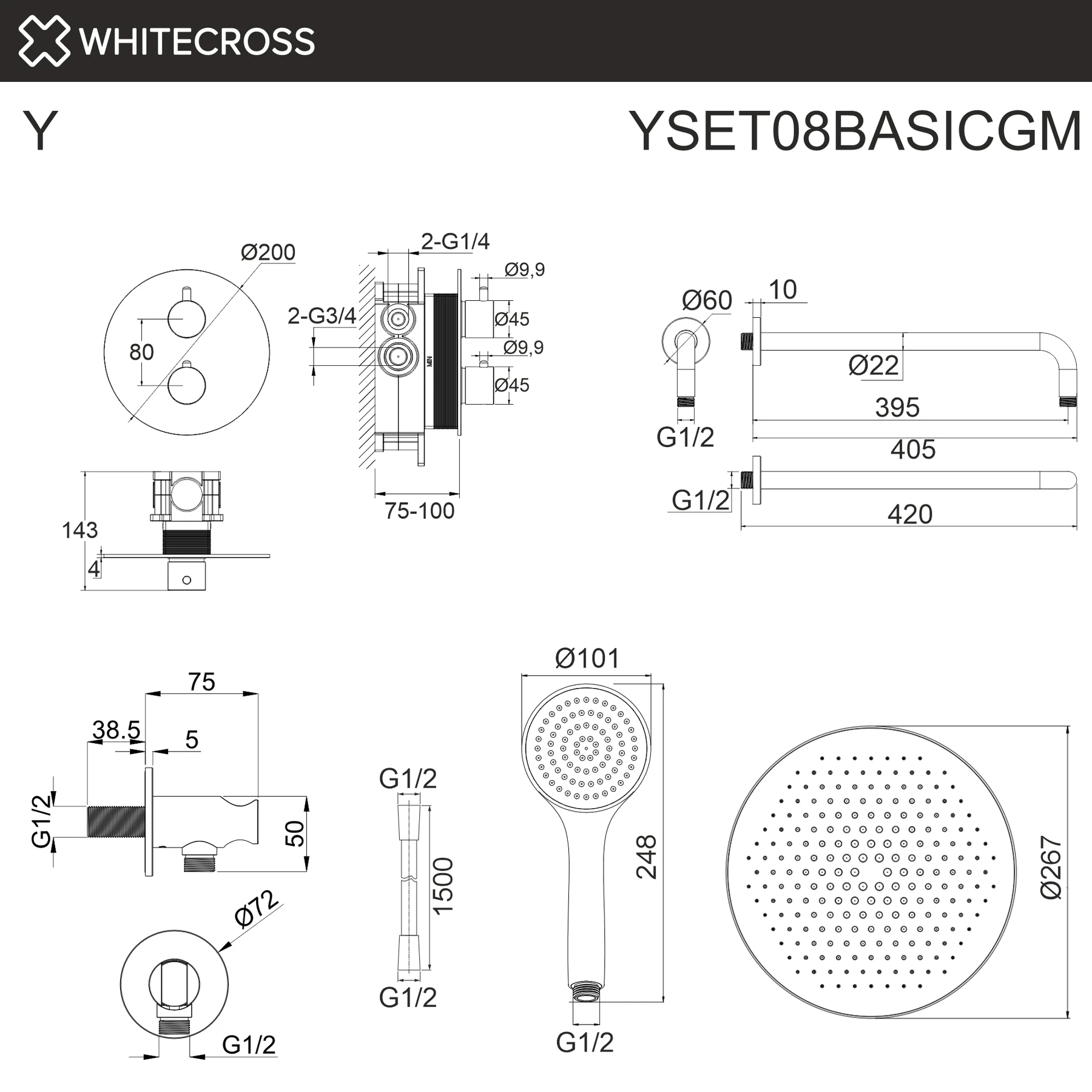 Термостатическая душевая система скрытого монтажа WHITECROSS YSET08BASICGM (оружейная сталь) White Cross — изображение товара 3