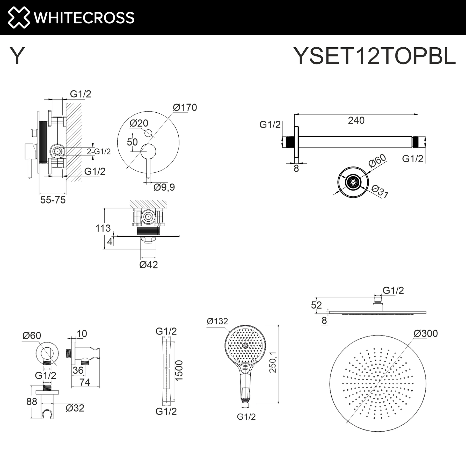 Система для душа скрытого монтажа WHITECROSS YSET12TOPBL (черный мат) White Cross — изображение товара 3