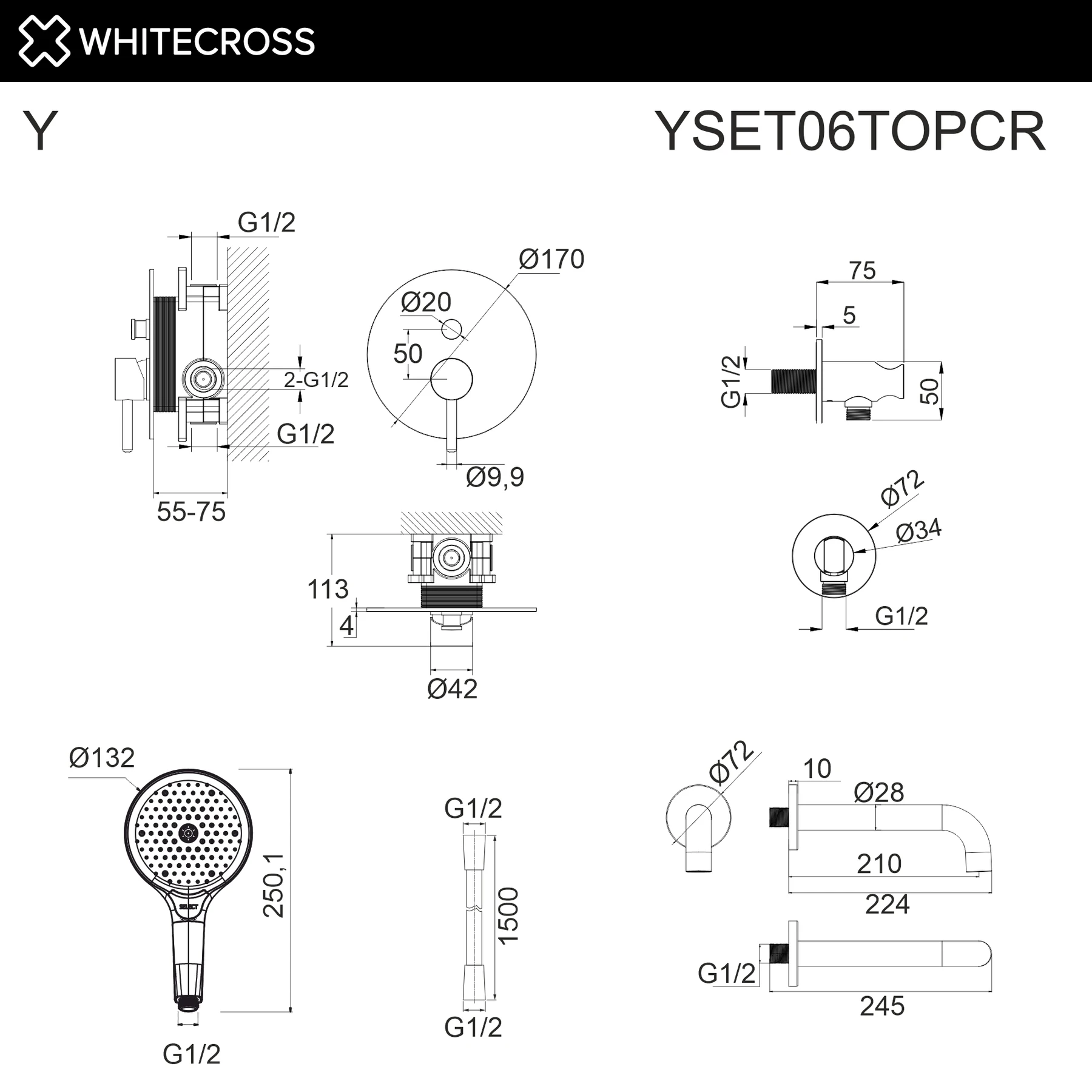 Система для ванны скрытого монтажа WHITECROSS YSET06TOPCR (хром) White Cross — изображение товара 3