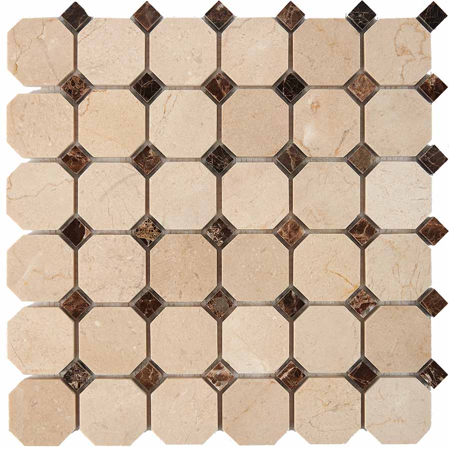 PIX 212 Cream marfil, Dark Еmperador, чип 48x48 мм, сетка 305х305x8 мм, Полированная Pixel, Мрамор