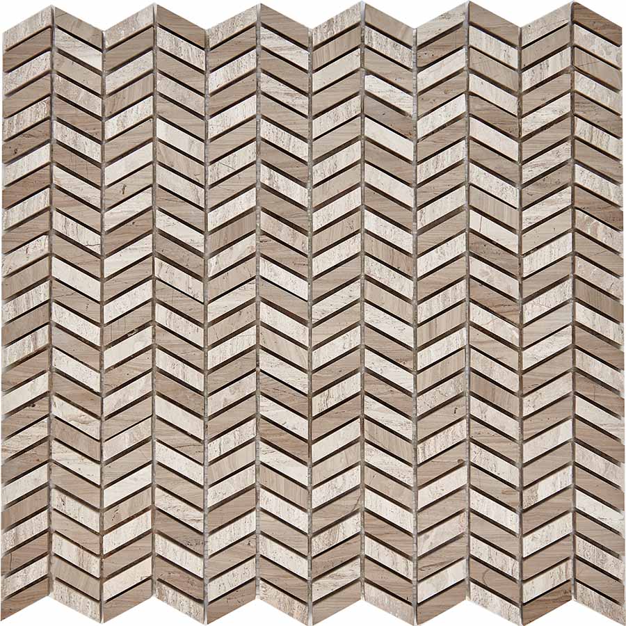 PIX 288 Shevron White Wooden, Athens Grey, чип 27x10 мм, сетка 298х307x8 мм, Полированная Pixel, Мрамор