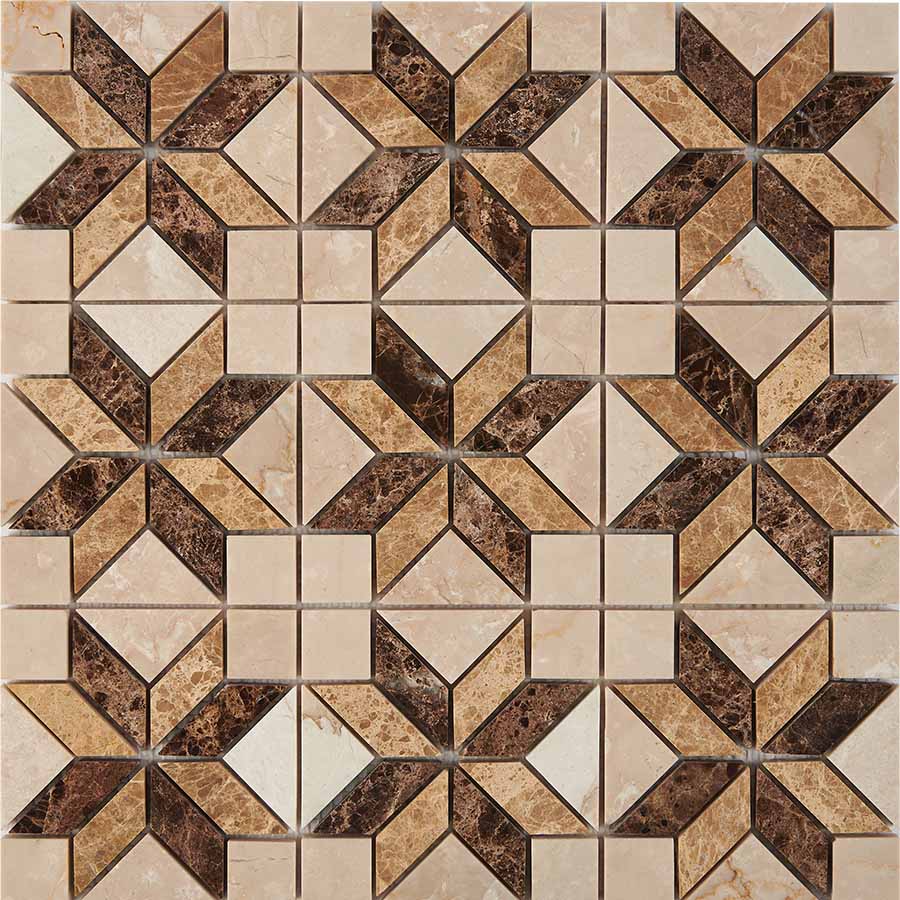 PIX 286 Botticino, Dark, Light Emperador, чип 23x23 мм, сетка 298х298x6 мм, Полированная Pixel, Мрамор