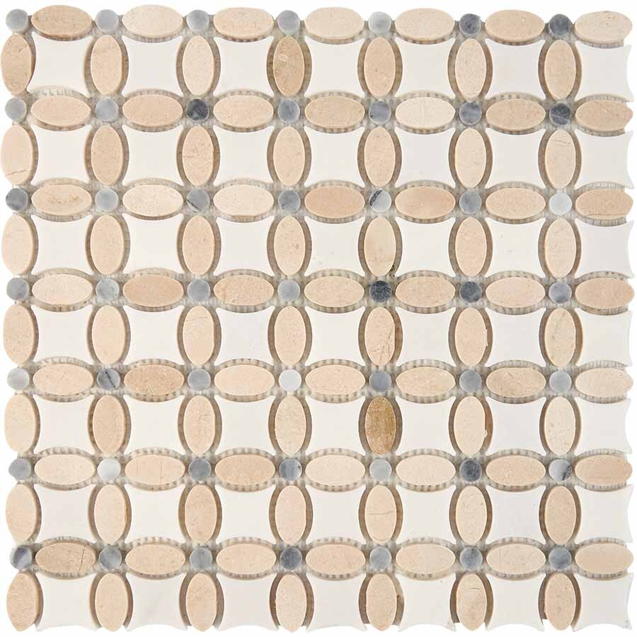 PIX 281 Cream marfil, Thassos, Athens grey, чип 32x32 мм, сетка 336х336x8 мм, Полированная Pixel, Мрамор