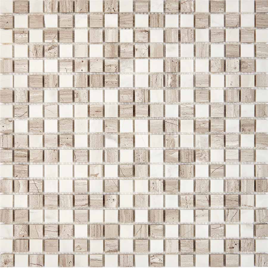 PIX 280 White Wooden, Dolomiti Bianco, чип 15x15 мм, сетка 305х305x4 мм, Полированная Pixel, Мрамор