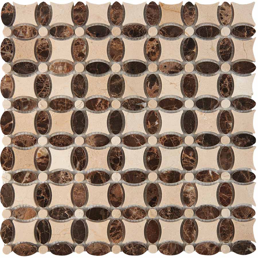 PIX 283 Cream marfil, Dark Еmperador, чип 32x32 мм, сетка 336х336x8 мм, Полированная Pixel, Мрамор