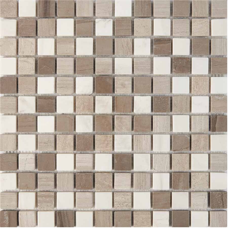 PIX 279 White Wooden, Dolomiti Bianco, Athens Grey, чип 23x23 мм, сетка 305х305x6 мм, Матовая Pixel, Мрамор