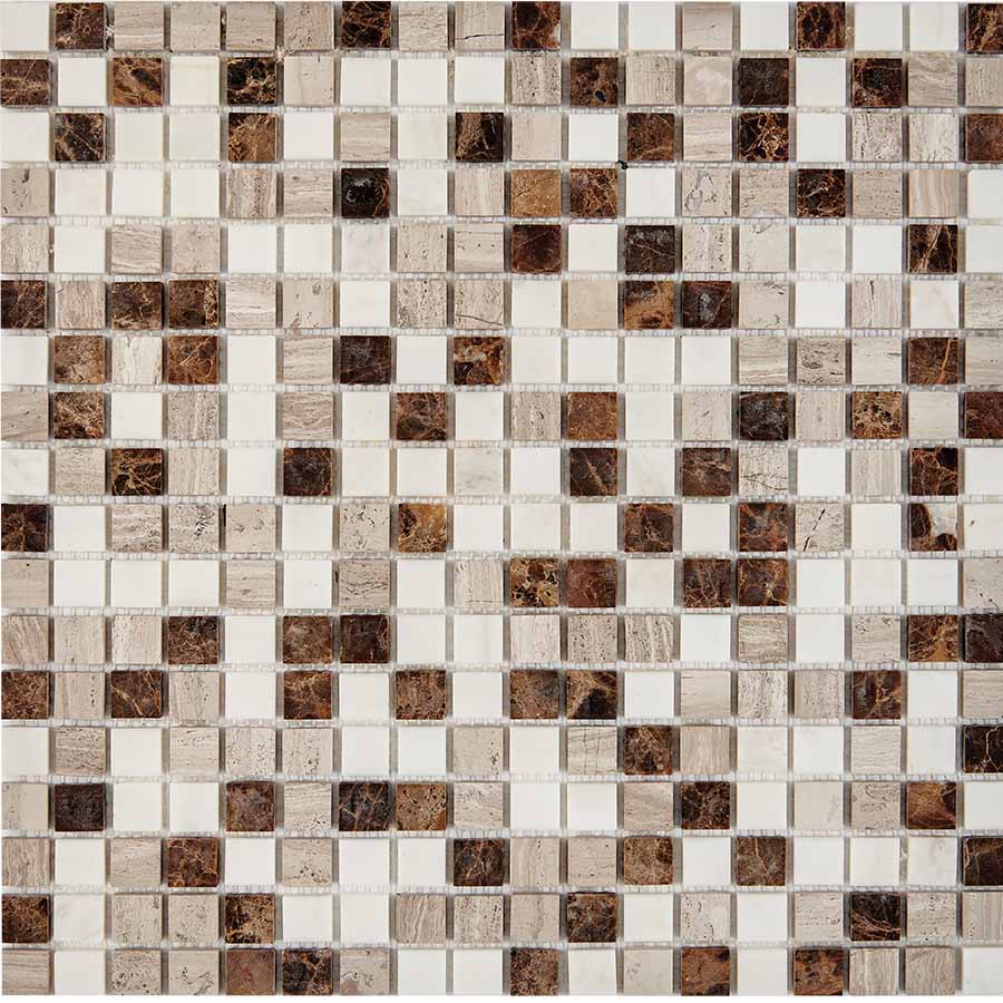 PIX 277 Emperador Dark, WhiteWooden, DolomitiBianco, чип15x15 мм, сетка 305х305x4мм, Полированная Pixel, Мрамор