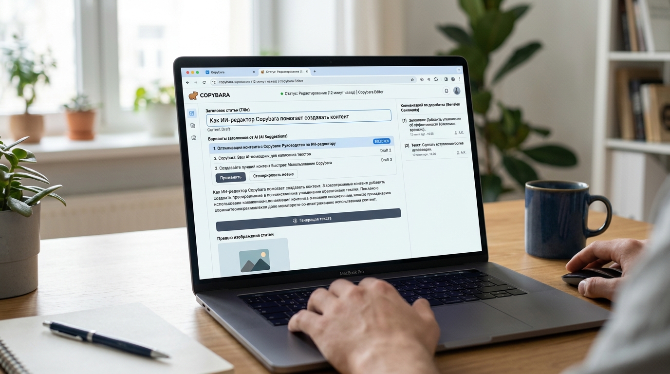 Иллюстрация интерфейса AI-редактора Copybara: экран с полем заголовка и вариантами формулировок, блоком для комментария по доработке, превью изображения, а также индикатором статуса во вкладке браузера. Сцена показывает рабочий процесс создания и редактирования текста.