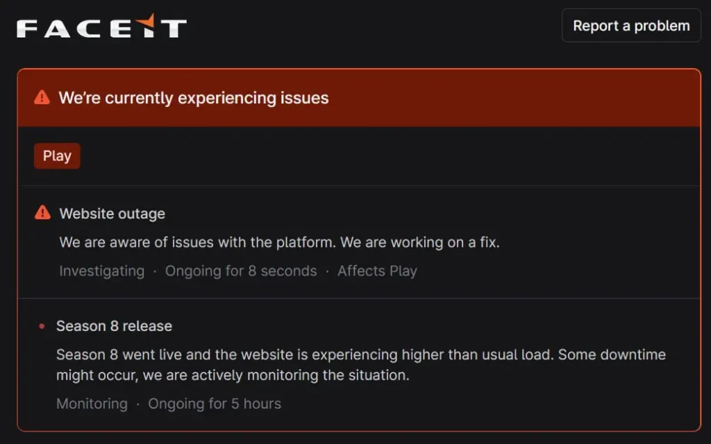 На FACEIT отключили поиск матчей в 8-м сезоне