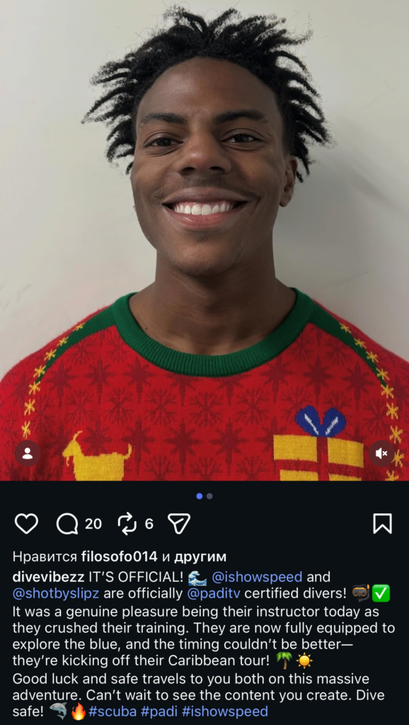 IShowSpeed и его оператор Slipz получили сертификаты дайверов перед туром по Карибам