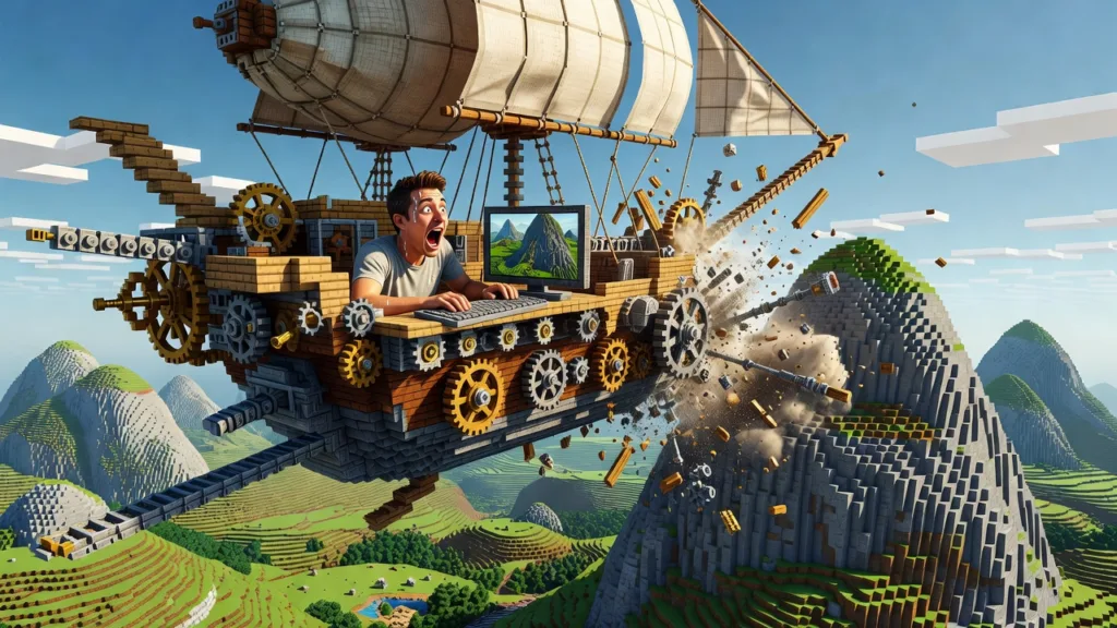 Reeves врезался в гору на дирижабле из Minecraft
