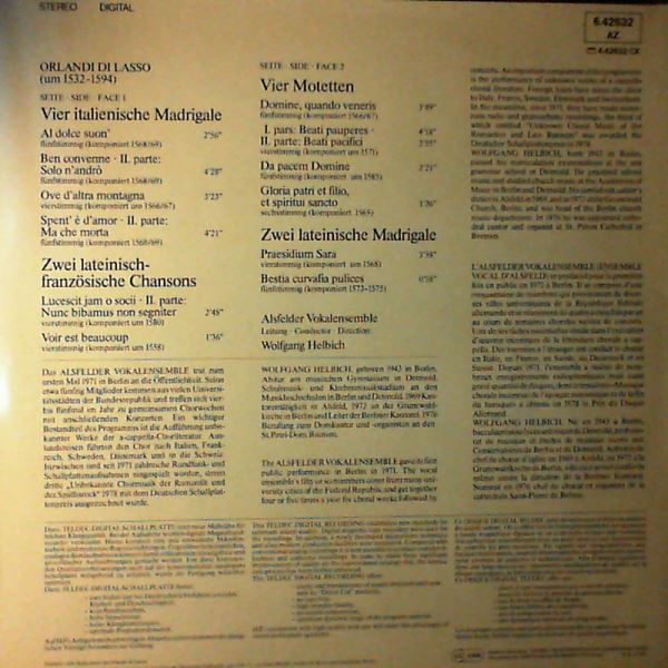 Alsfelder Vokalensemble (dir. Helbich W.) — Di Lasso O. - Madrigals & Motetten: Vier Italienische Madrigale, Zwei Lateinisch-Franzosische Chansons, Vier Motetten, Zwei Lateinische Madrigale