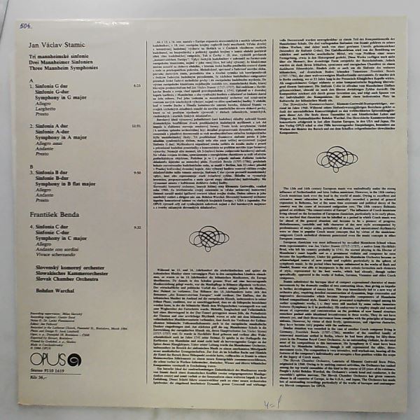 Slovak Chamber Orchestra (cond. Warchal B.) — Stamic - Three Mannheim Symphonies, Benda - Symphony In C-dur