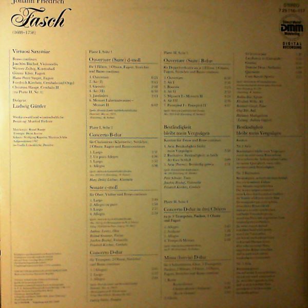 Virtuosi Saxoniae (dir. Guttler L.) — Fasch Johann Friedrich - Ouverture (Suite) in D-moll, Concerto in B-dur, Sonate in C-moll, Concerto in D-dur, Ouverture (Suite) in B-dur, estandigkeit Bleibt Mein Vergnugen Kantate, Missa (Brevis) in D-dur