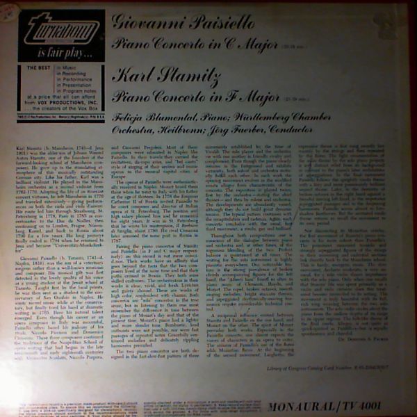 Blumenthal F.(piano) — Paisiello G.: in C-Dur; Stamitz K.: in F-Dur