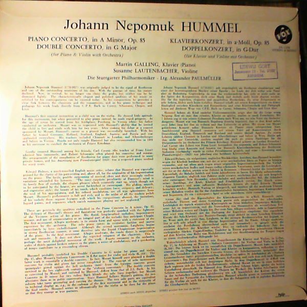 Galling Martin, Lautenbacher Susanne — Hummel - Klavierkonzert In A-Moll Op.85 / Doppelkonzert In G-Dur Op.17