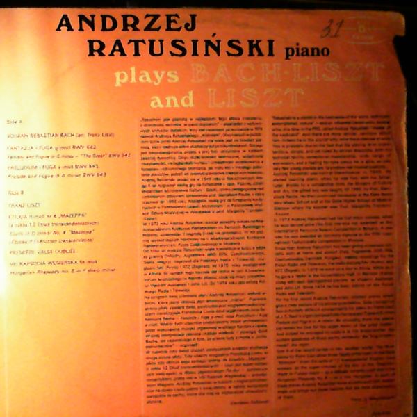 Ratusinski A. — Plays Bach-Liszt (Fantasy And Fugue The Great", Prelude And Fugue In A-Moll) And Liszt (Stude In D Moll No. 4 "Mazeppa", Premiere Valse Oubliee, Hungarian Rhapsody No. 8)