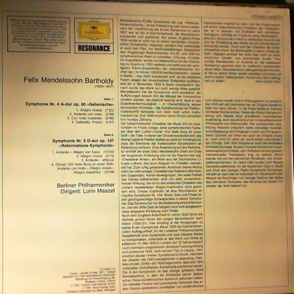 Berliner Philharmoniker (cond. Maazel Lorin) — Mendelssohn - Symphonie Nr. 4 "Italienische" / Symphonie Nr. 5 "Reformations-Symphonie"