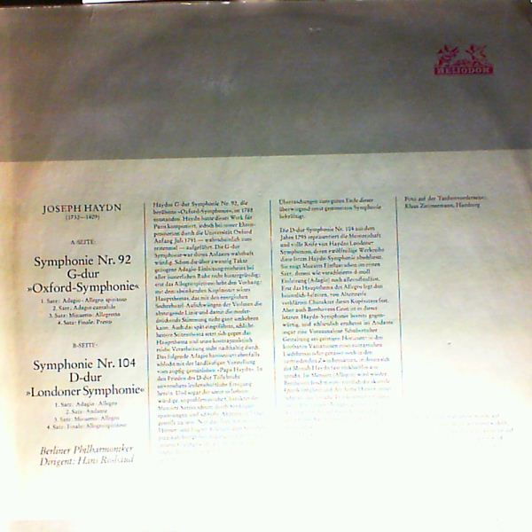 Berliner Philharmoniker (dir. Rosbaud Hans) — Haydn - Symphonien nr. 92 in G-dur 'Oxford', nr. 104 in D-dur 'Londoner'