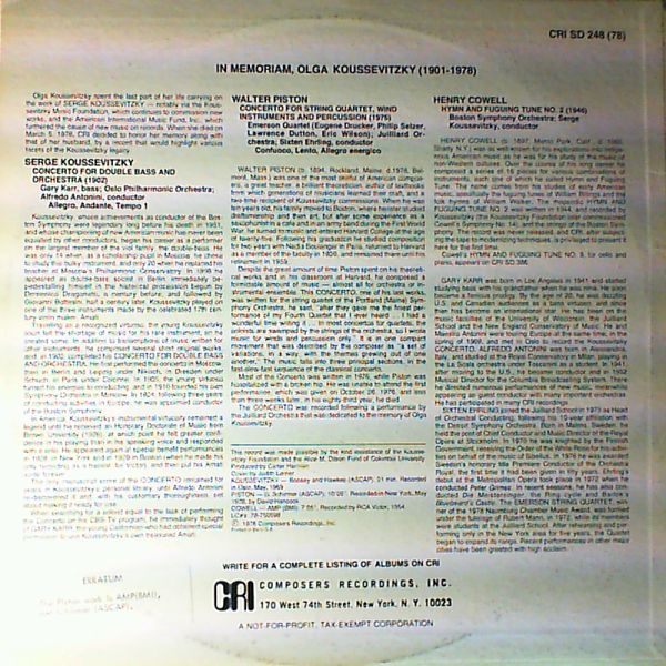 Boston Symphony Orchestra — Koussevitzky S./ Piston W./Cowell H. (dir. Antonini A., Ehrling S.)